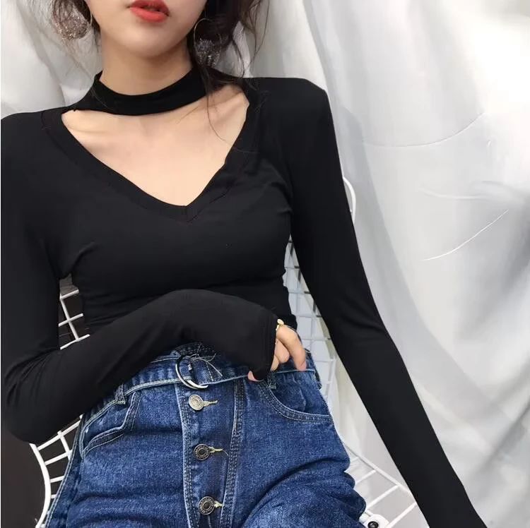 CHINEE-Womens-Vintage-V-neck-Halter-Hollow-out-Long-sleeve-Breathable-Washed-Slim-Fit-T-shirt-Spring-Autumn-Versatile-Solid-Color-Base