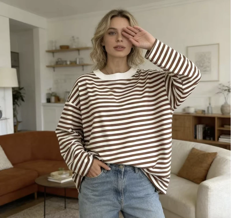 CHINEE-Womens-striped-T-shirt-pure-cotton-loose-black-and-white-casual-basic-long-sleeved-top-retro-casual-womens-T-shirt