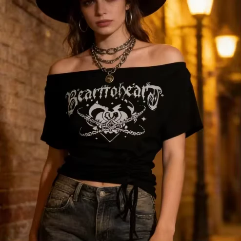 CHINEE-Y2K-Gothic-Off-Shoulder-Top-Printed-Drawstring-Ruched-T-Shirt-Womens-Streetwear-Tee