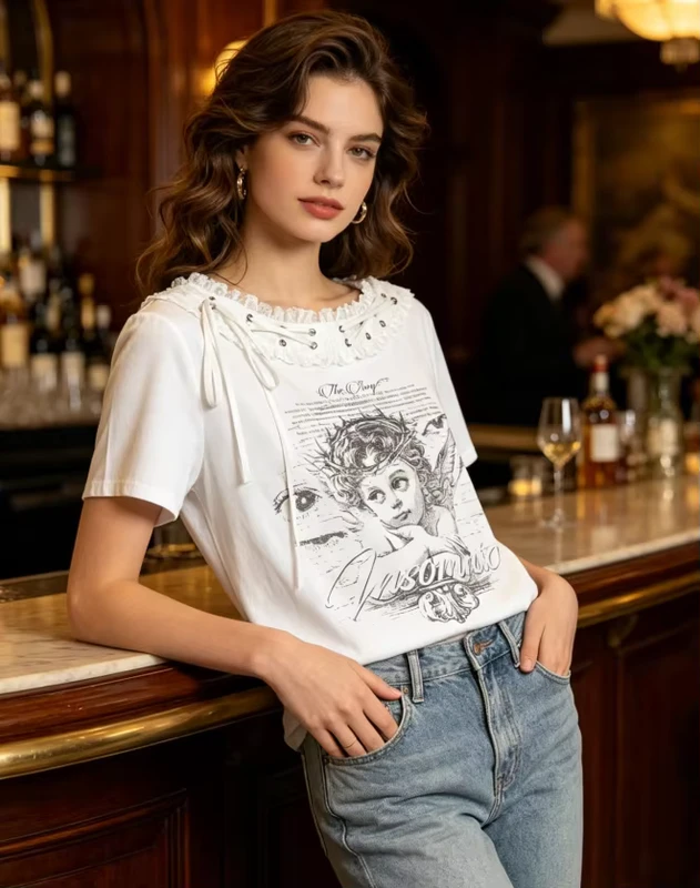 CHINEE-Y2K-Lace-Off-Shoulder-T-Shirt-Vintage-Angel-Print-Drawstring-Tee