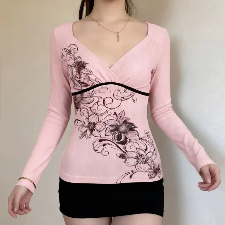 CHINEE-Y2K-Vintage-Print-Sexy-V-Neck-Top-Knit-Breathable-Casual-Workwear-Womens-Long-Sleeve-T-Shirt