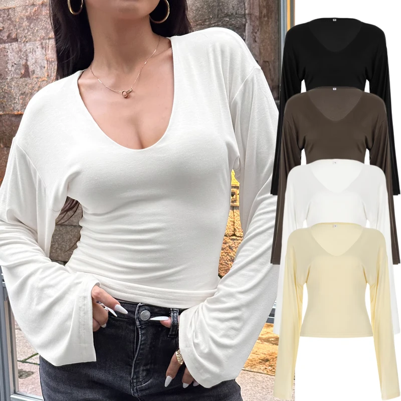CHINEE-Z-3263-V-neck-Loose-Bat-long-sleeved-T-shirt-Plain-Basic-Simple-Casual-Autumn-Top-for-Women