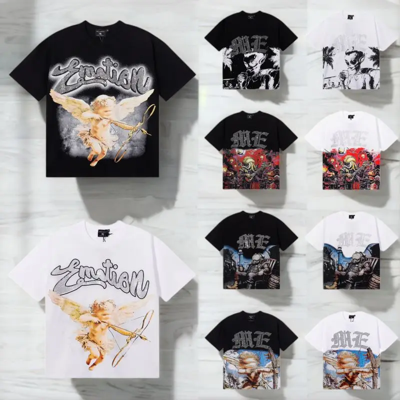 100-Cotton-250GSM-Tshirt-Mixed-Emotion-Retro-Loose-T-Shirt-Vintage-Angel-Graffiti-Printed-Rhinestones-Mens-T-shirt