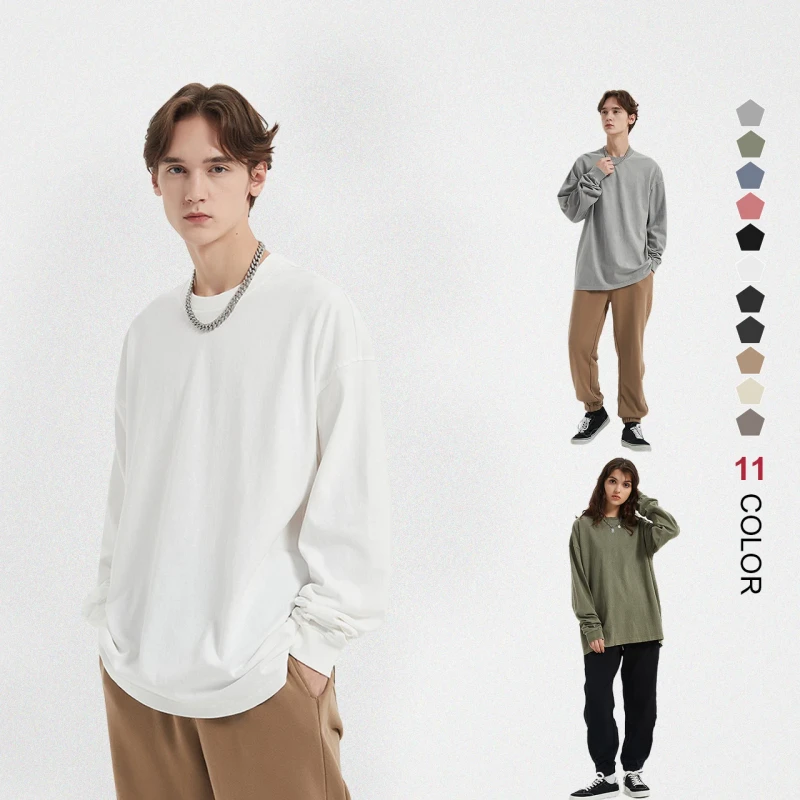 100-Cotton-310GSM-Washed-Vintage-Rib-Hem-Long-Sleeve-T-Shirts-Drop-Shoulder-Oversized-Casual-T-Shirt-for-Men