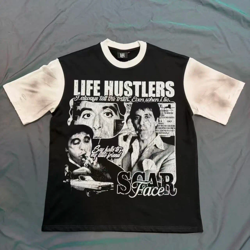 100-Cotton-Men-T-Shirt-Scarface-Graphic-Rhinestone-Y2K-Streetwear-Oversized-Two-Tone-Distressed-Hip-Hop-Tee
