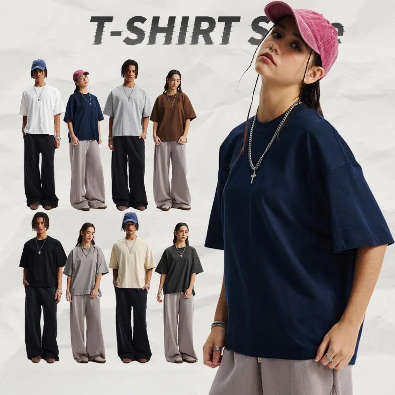 100-Cotton-Mens-Slim-Fit-T-Shirt-Breathable-Casual-Solid-Color-Streetwear-Crop-Knitted-Blank-280g-O-Neck