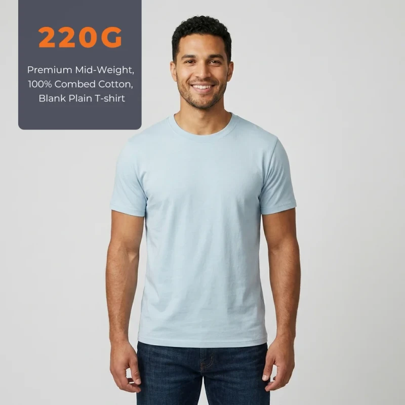 100-Ring-Spun-Cotton-Blank-Mens-Casual-T-shirt-Regular-Fit-220g-Heavyweight-Solid-Short-Sleeve-Custom-Printed