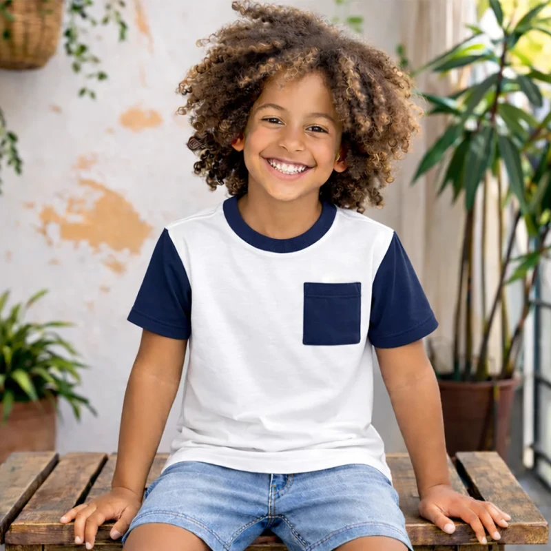 200-GSM-Heavy-Cotton-Kids-Pocket-T-Shirt-Boys-Contrast-Sleeve-Custom-Logo-Summer-Children-Casual-T-Shirt-OEM-ODM-Manufacturer