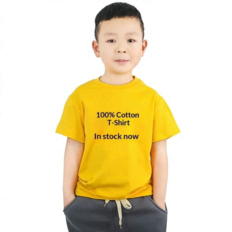200g-Childrens-Cotton-T-shirt-Enzyme-Wash-Moisture-Wicking-Printed-Logo-Solid-Color-Crew-Neck-Short-Sleeve-Middle-Big
