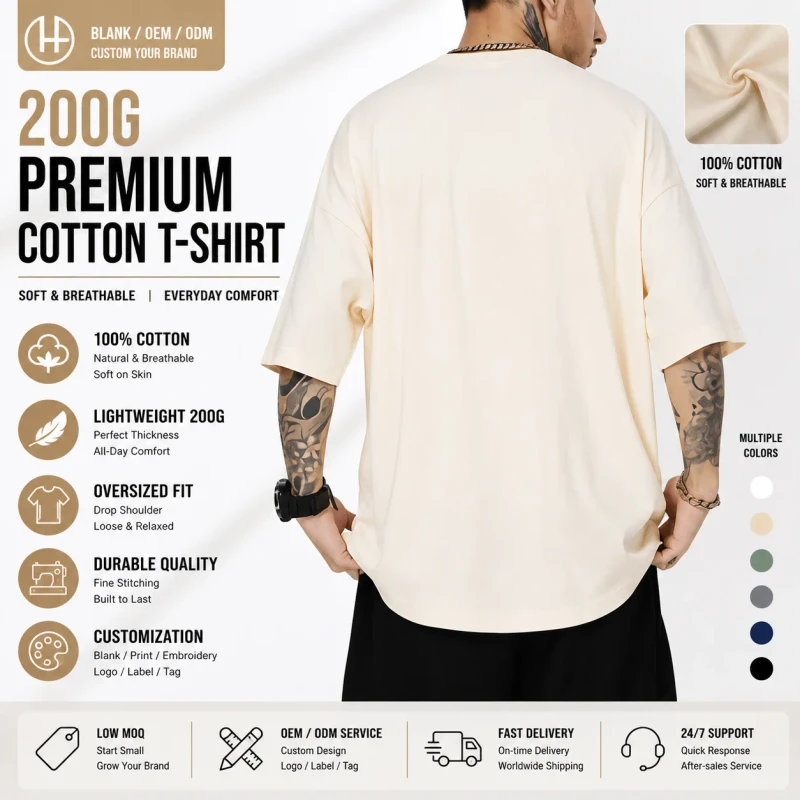 200g-Cotton-T-Shirt-Oversized-Short-Sleeve-Plain-Blank-Tee-Breathable-Fabric-Classic-Street-Streetwear-Casual-Top-for-Men