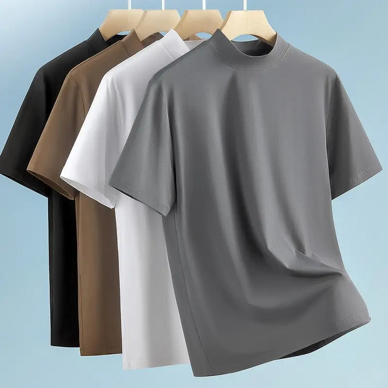 210gsm-Custom-logo-OEM-Modal-Turtleneck-Short-sleeved-T-shirt-Fashionable-Minimalist-T-shirt