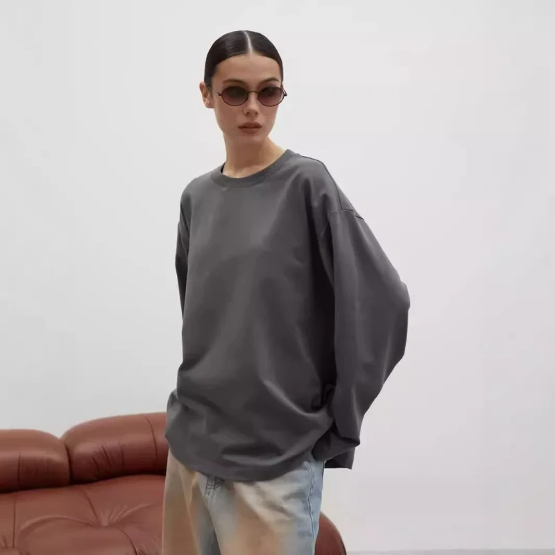 260g-Combed-Cotton-Solid-Color-Long-Sleeve-Crew-Neck-Womens-Autumn-Mid-length-Loose-Comfortable-Casual-T-shirt-High-Temperature