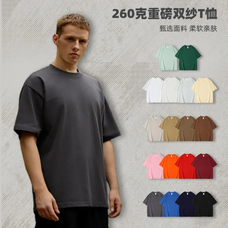 260g-Heavyweight-Solid-Color-Cotton-Blend-Crew-Neck-T-Shirt-for-Youth-Loose-Fit-Unisex-Short-Sleeve-Work-Uniform-With
