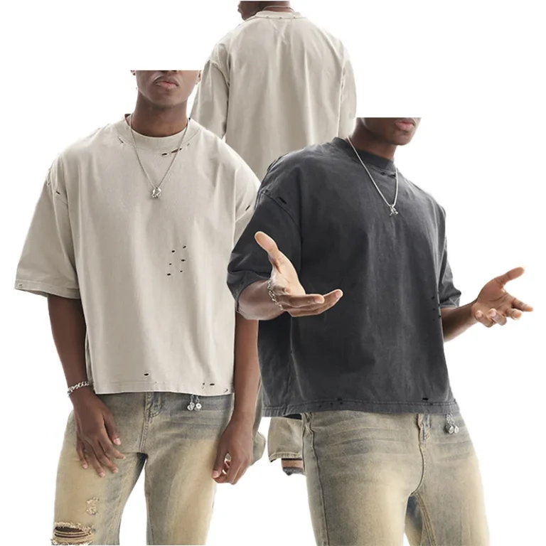 300-Gsm-High-quality-Acid-washed-Cutting-Holes-Heavyweight-100-Organic-Cotton-Mens-Oversize-Drop-Shoulder-T-shirt