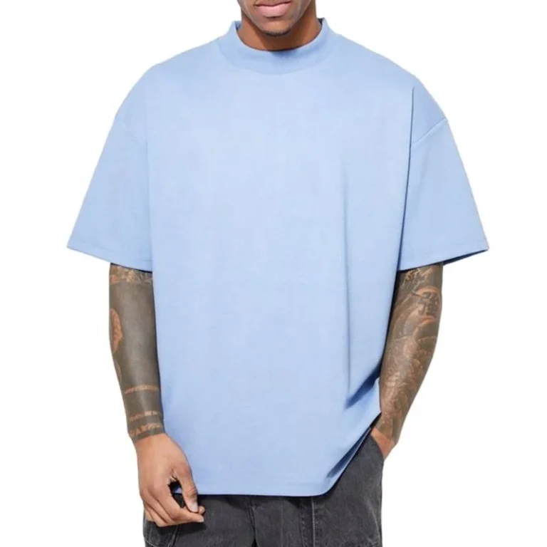 300-Gsm-Tshirt-Mens-100-Cotton-French-Terry-Mock-Rib-Neck-Oversize-Drop-Shoulder-Plain-Blank-T-Shirt-for-Men-T-shirt