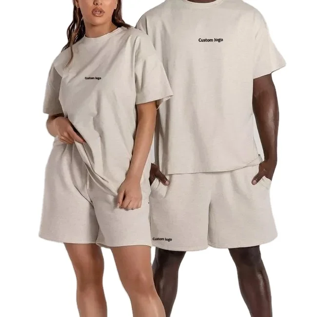 300gsm-Heavy-French-Cotton-Oversize-Blank-Couple-T-Shirt-Short-Sleeve-T-Shirt-and-Shorts-Sets-for-Women-and-Men
