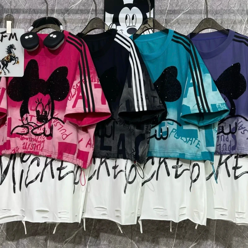 8061-FANMAJIALIE-Womens-Cotton-Printed-Embroidered-Mickey-Minnie-Short-Sleeve-Loose-Fit-T-shirt-Breathable-Street-Fashion
