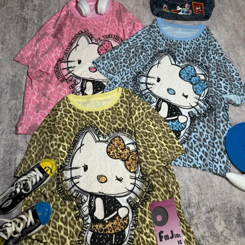 8075-FANMAJIALIE-Durable-Kitty-Breathable-Green-Leopard-Print-Cartoon-Patch-Daily-Wear-Oversized-T-Shirt