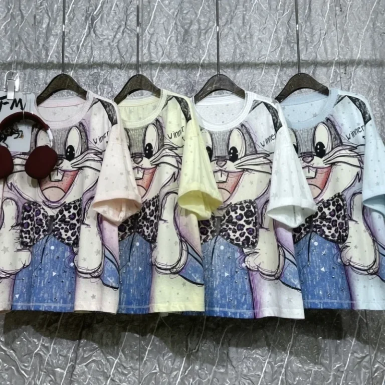 8101-FANMAJIALIE-Supplier-Women-Mickey-Minnie-Oversized-T-Shirt-Print-and-Diamonds-Sparkle-Cartoon-Patch-Trendy-Fashion-Wear