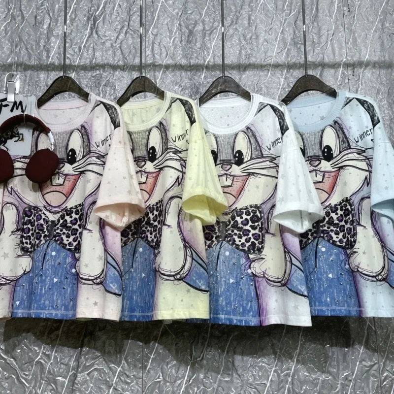 8101-FANMAJIALIE-Supplier-Women-Mickey-Minnie-Oversized-T-Shirt-Print-and-Diamonds-Sparkle-Cartoon-Patch-Trendy-Fashion-Wear