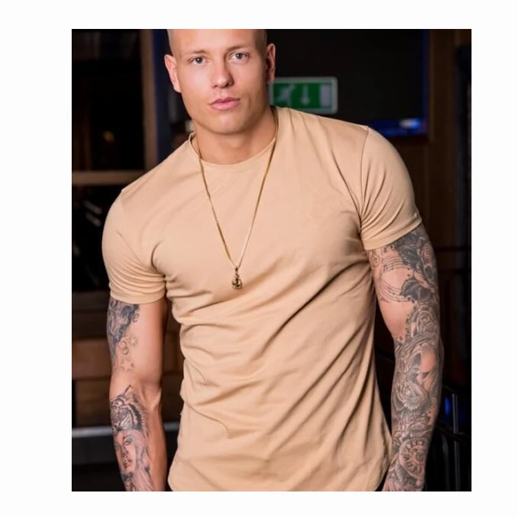 95-Cotton-5-Elastane-t-Shirt-Mens-Longline-Curved-Hem-Muscle-Fitted-T-shirt-Longer-Drop-Gym-t-Shirt