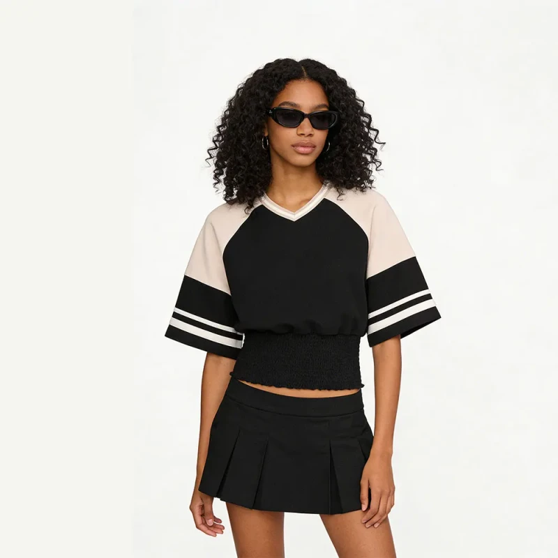 AMCLEVER-Womens-V-neck-Short-Sleeve-Retro-Color-Blocked-T-Shirt-with-Wide-Cuffs-and-Slim-Fit
