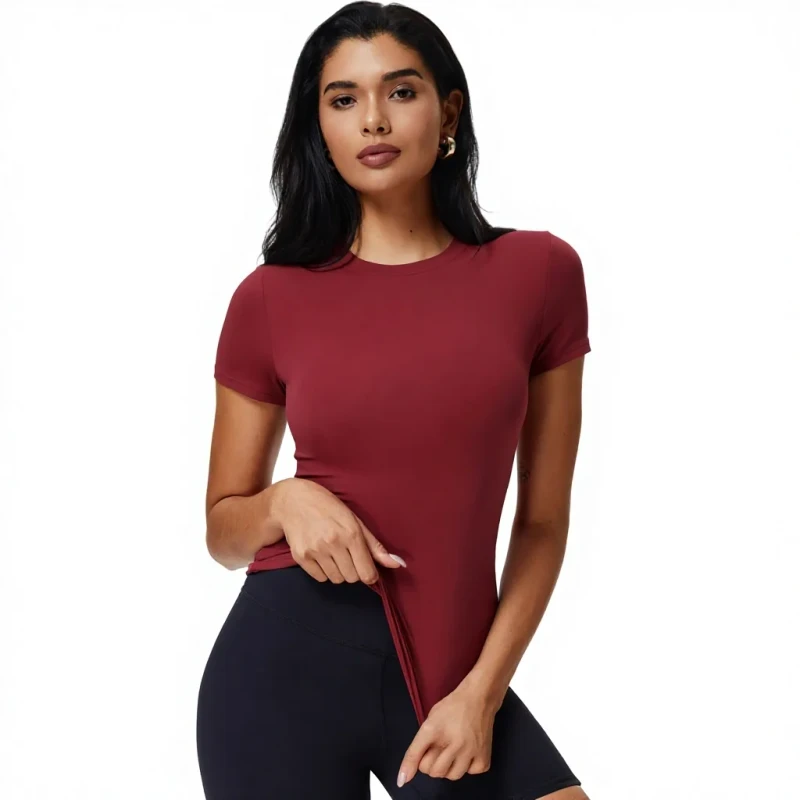 American-Shoulder-Crew-Neck-Solid-Pattern-Womens-Slim-Fitness-Short-sleeved-Quick-drying-Yoga-Sports-T-shirt