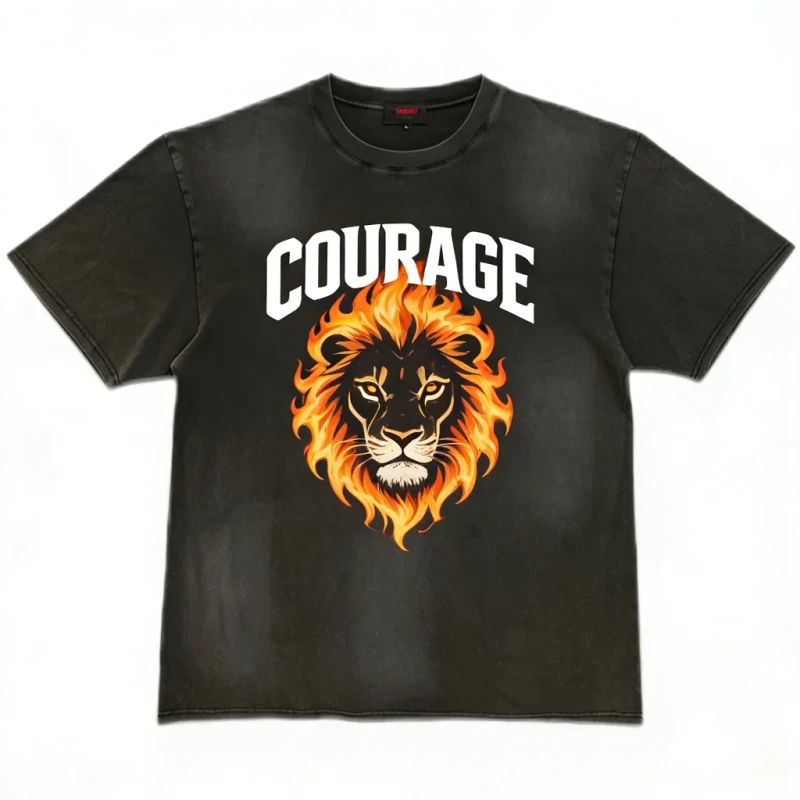 American-Style-COURAGE-T-Shirt-Mens-Flaming-Lion-Graphic-Tee-Vintage-Distressed-Cotton-Streetwear