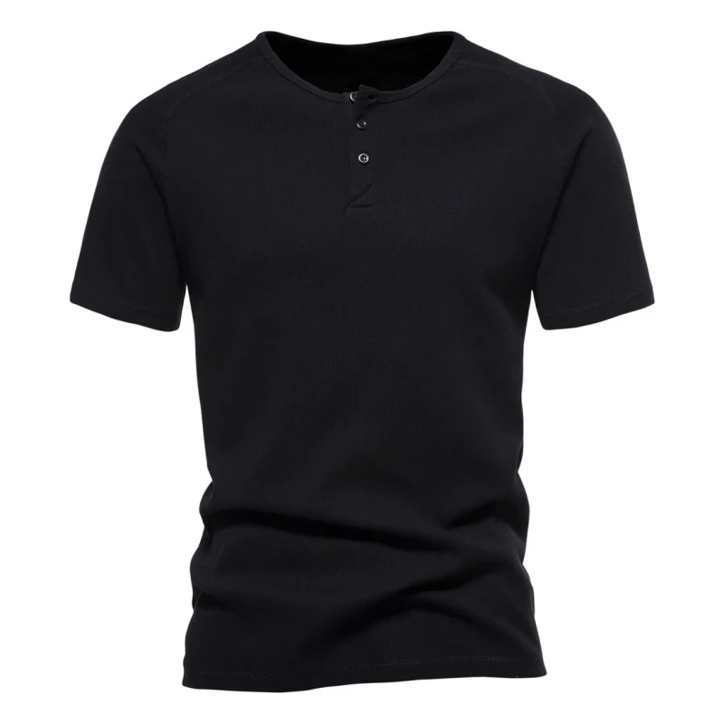 American-Style-Fitness-T-Shirt-Men-Button-Henley-Short-Sleeve-Sports-Cotton-Slim-Fit-Breathable-Stretchy-Anti-Pilling-Blank