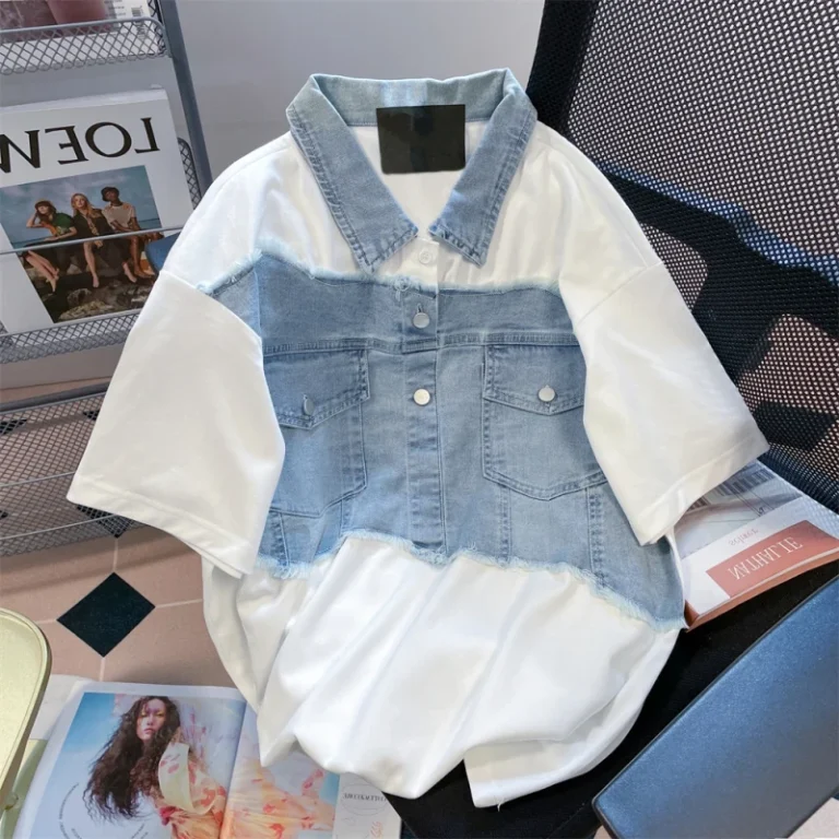 American-Style-High-Street-Denim-Patchwork-Polo-Shirts-With-High-end-Feel-Niche-Short-Sleeved-Womens-T-shirts
