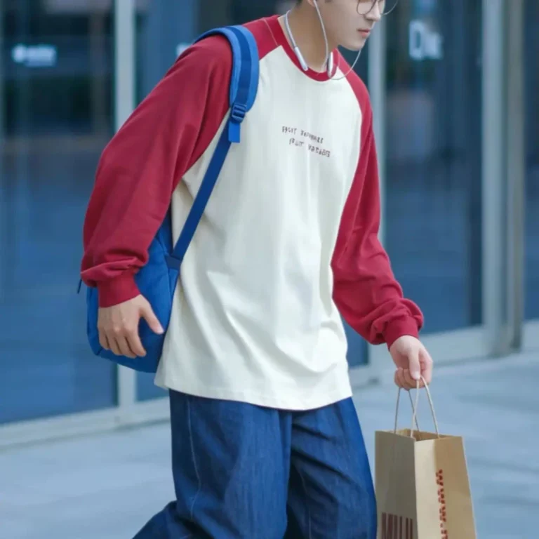 Autumn-Red-White-Contrasting-Color-Embroidered-Print-Woven-Hooded-Long-Sleeve-T-Shirt-for-Men