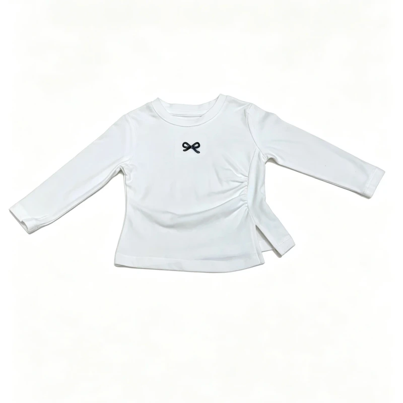 Baby-Girl-Printed-Cartoon-Pattern-Long-Sleeve-T-Shirt-Cotton-Spandex-Neck-Side-Ruched-Asymmetric-Hem-Bow-Top-Children