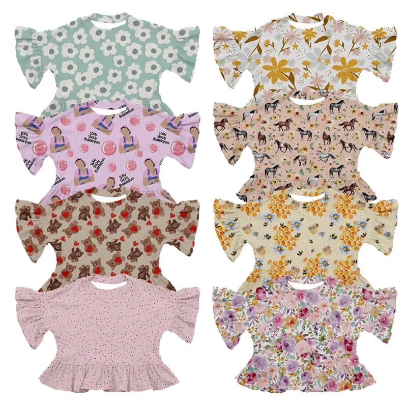 Baby-Girl-Ribbed-T-Shirt-Ruffled-Sleeve-Hem-Detail-Cute-Print-Casual-Daily-Wear-Custom-Pattern-Toddler-Kids-Tops