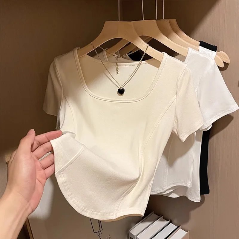 Bangladesh-China-Factory-Price-Womens-Fishbone-Square-Neck-Slim-Fit-Short-Sleeve-T-Shirt-Summer-Casual-Top