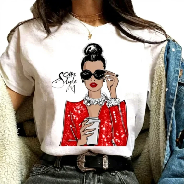 Best-Selling-Womens-Crewneck-T-Shirt-Comfortable-Loose-Cartoon-City-Girl-Print-Summer-Collection-Lace-Rivet-Retail