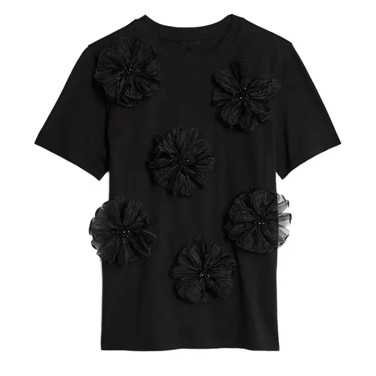 Black-Color-Crew-Neck-3D-Flower-Cotton-T-Shirt-for-T-Shirt