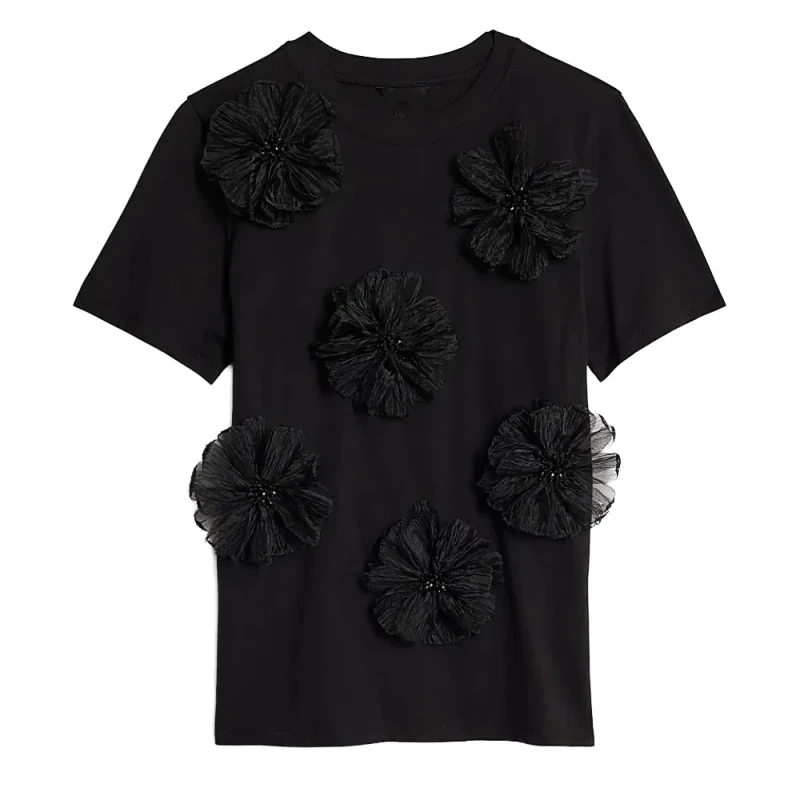 Black-Color-Crew-Neck-3D-Flower-Cotton-T-Shirt-for-T-Shirt