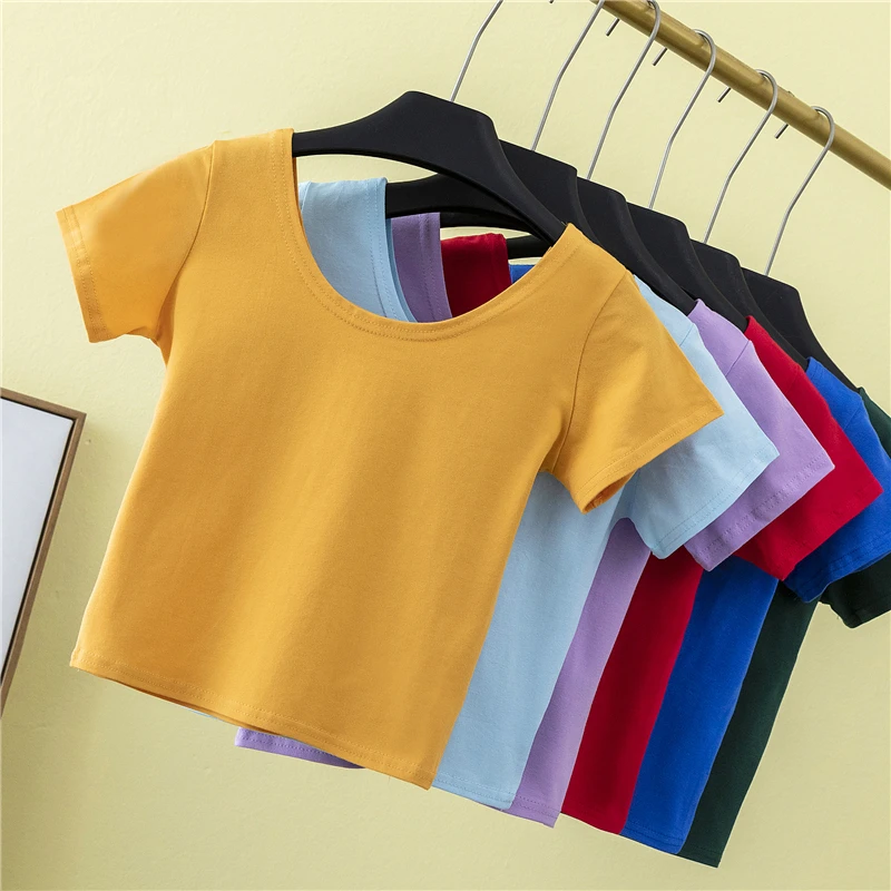 Blank-Crop-Tshirts-Womens-Stretchy-Knitted-Fabric-Hip-Hop-Style-T-Shirt