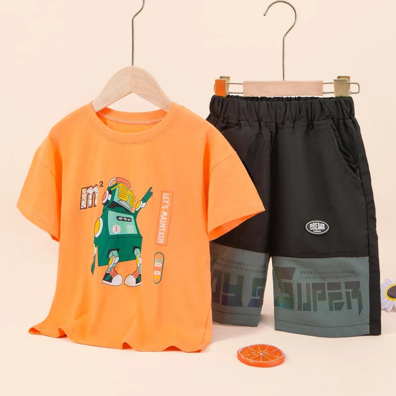 Boys-Cartoon-Print-Short-Sleeve-T-Shirt-Color-Block-Shorts-Two-Piece-Set-Kids-Summer-Casual-Polyester-Cotton