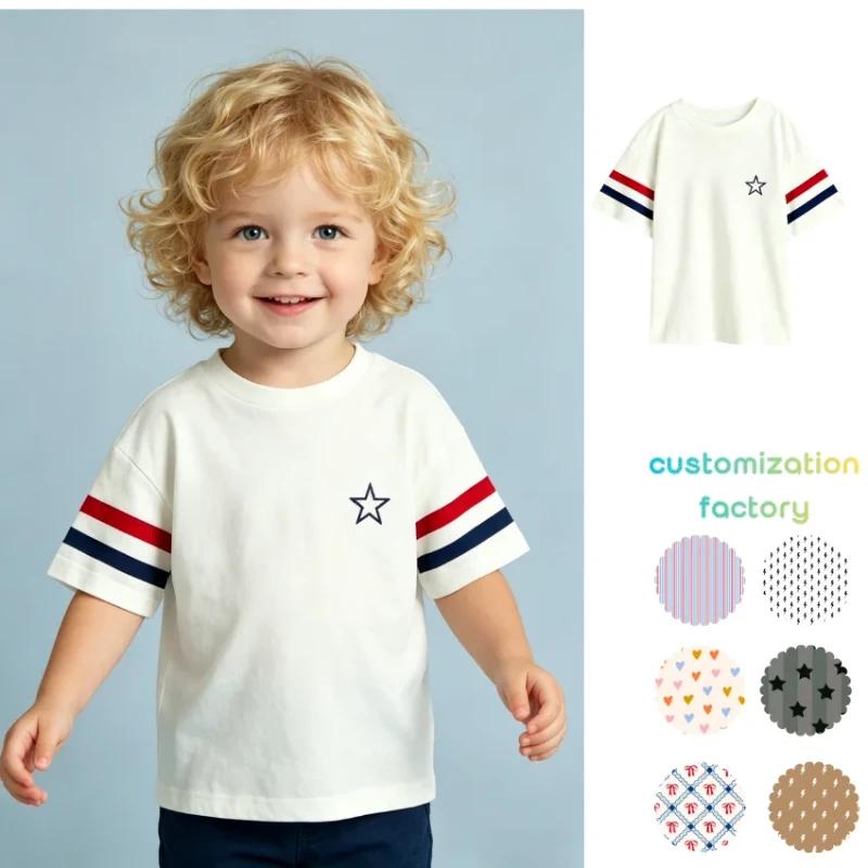 Boys-Girls-Kids-Short-Sleeve-T-Shirt-Summer-Cotton-Casual-Tee-Star-Pattern-Striped-Sleeve-Toddler-Soft-Wear-Tops