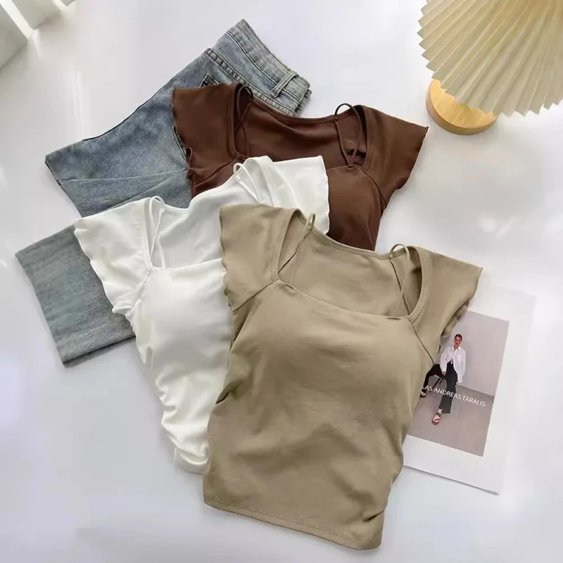 Breathable-Lightweight-With-Pad-Cropped-Women-T-Shirts-Shorts-Sleeve-Women-Wear-T-Shirts