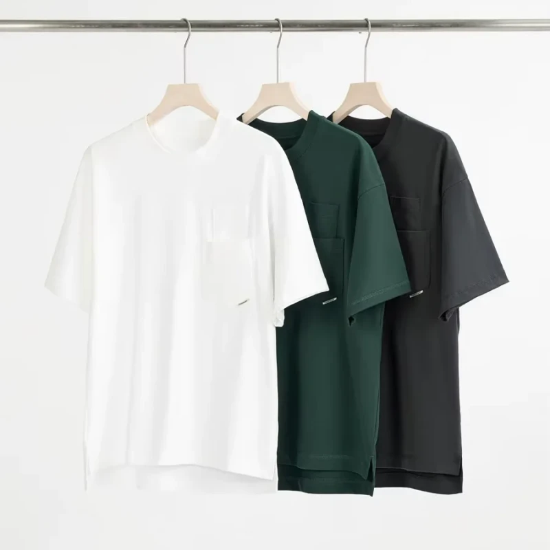 Breathable-Plus-Size-Tees-Sleeve-With-Split-Hem-and-Mens-Cotton-T-Shirt-Loose-Fit-and-Oversized-Front-Pocket-Short-Tshirts