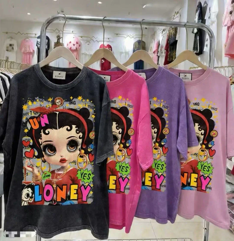 Breathable-Short-sleeved-Womens-T-shirt-Luxury-Cartoon-Rhinestone-Loose-Fit-Large-Size-Summer-Girl-Blouse-Fashion