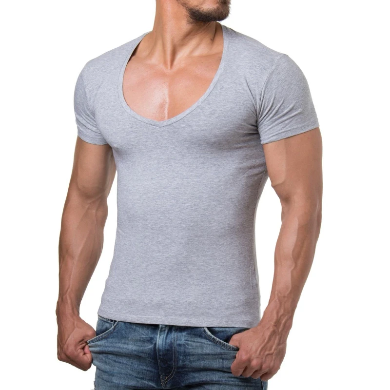 Bulk-Muscle-Fit-T-Shirt-Mens-Blank-T-Shirt-Deep-V-Neck