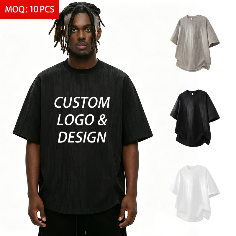 Bulk-ODM-Mens-Summer-Premium-230GSM-Heavyweight-Jacquard-Texture-Solid-Color-Crew-Neck-T-Shirt-Oversized-Loose-Streetwear-Blank