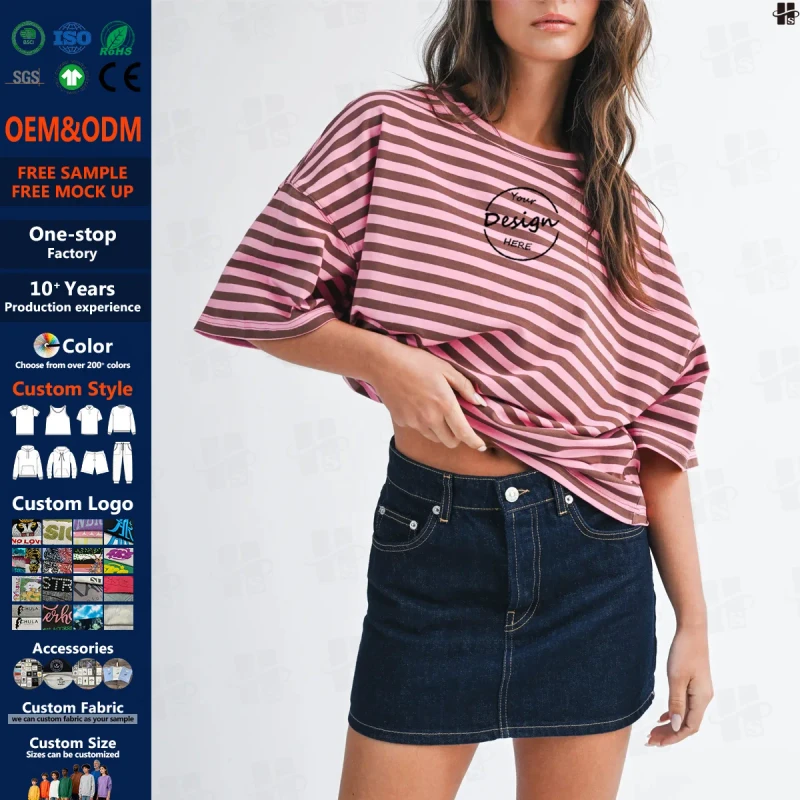 Buulk-High-Quality-Cotton-180-GSM-Oversized-Tshirt-Tee-Tops-Customized-Embroidery-Plain-Womens-Striped-T-Shirt