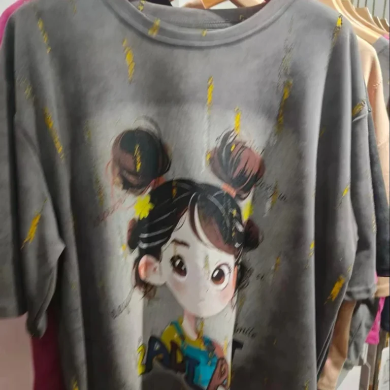 Cartoon-Girl-Ink-Splash-Print-Women-T-Shirt-Cotton-Crew-Neck-Yellow-Graphic-Loose-Casual-Short-Sleeve-Tee