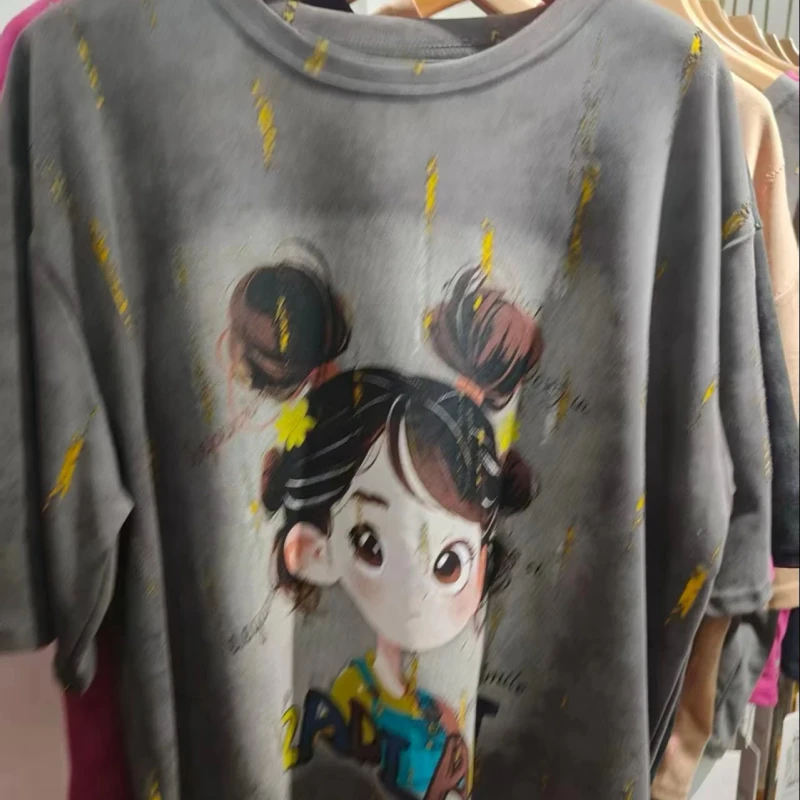 Cartoon-Girl-Ink-Splash-Print-Women-T-Shirt-Cotton-Crew-Neck-Yellow-Graphic-Loose-Casual-Short-Sleeve-Tee