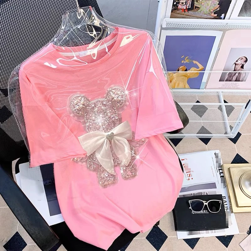 Cartoon-Rabbit-Diamond-Studded-Cartoon-Print-T-Shirt-Womens-Summer-Short-Sleeve-Graphic-Womens-T-Shirt