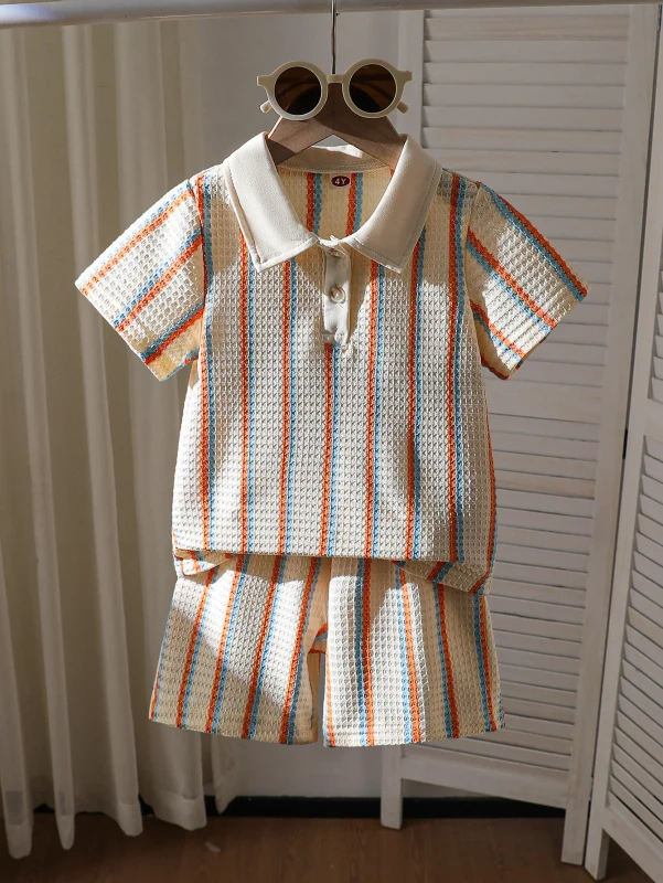 Casual-Boys-Clothing-Set-Short-Sleeves-Textured-Striped-Polo-T-Shirt-Shorts-2-Pieces-Outfit-for-Kids
